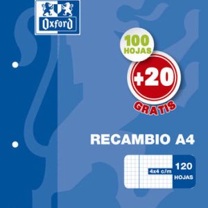 RECAMBIO A4 100+20 90GR 4 TALADROS CUADRO 4MM OXFORD SCHOOL