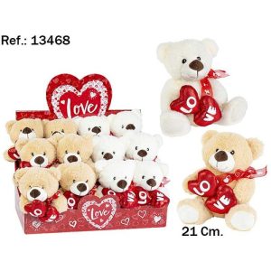 EXPOSITOR 12 PELUCHES OSO 2 COLORES 21CM 2 CORAZONES LOVE