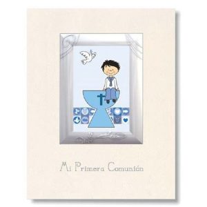 LIBRO COMUNION MARCO PLATEADO NI?O SENTADO CALIZ