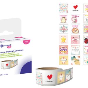ROLLO 200 ETIQUETAS ADHESIVAS FELICIDADES SURTIDAS
