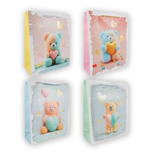 BOLSAS PEQUE?AS CARTON 23X18X10CM OSITO CORAZON SURTIDA 12U