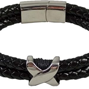 PULSERA DE PIEL TRENZADO TRIANGULAR DOBLE NEGRO ADORNO Y CIE