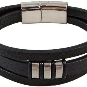 PULSERA DE PIEL LISO NEGRO ADORNO Y CIERRE ACERO 700009