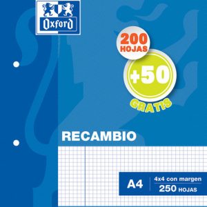 RECAMBIO A4 CUADRO 4MM 200H+50H CON MARGEN AZUL