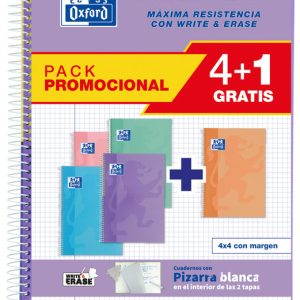 PACK 4+1 BLOC OXFORD FOLIO CUADRO 4X4 80H COLORES PASTEL TE