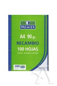 RECAMBIO LISO PREMIER A4 100 HOJAS PAPEL 90GR 4 TALADROS