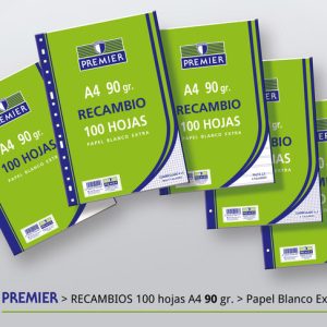 RECAMBIO A4 100H 90GR CUADRO 3MM 4 TALADROS PREMIER MARGEN
