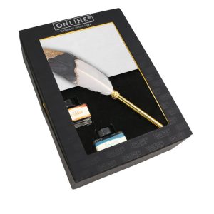 SET PLUMA CALIGRAFIA Y 2 TINTEROS GOLDEN Y TURQ CAJA DECO