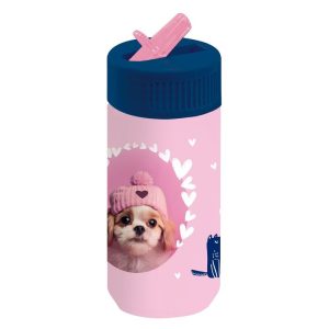 BOTELLA PLASTICO CON PAJITA PERRITO ROSA