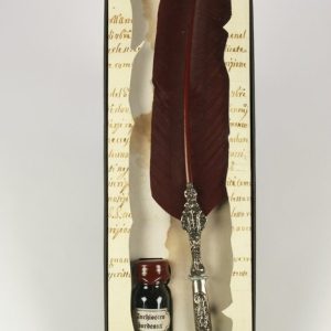 SET PLUMA DECORADA BURDEOS Y TINTA 10CC