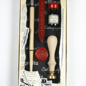SET PLUMA MADERA Y LACRE SELLO PERGAMINO 4 PIEZAS