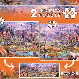 PUZZLE 2X100 ANIMALES SALVAJES DINOSAURIOS