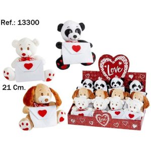 EXPOSITOR 12 PELUCHES ANIMALES SOBRE CORAZON 21CM 3 SURTIDO