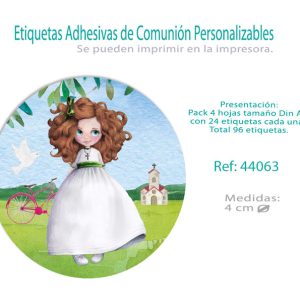 ETIQUETAS ADHESIVAS REDONDAS COMUNION NI?A BICI 96