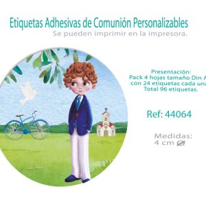 ETIQUETAS ADHESIVAS REDONDAS COMUNION NI?O BICI