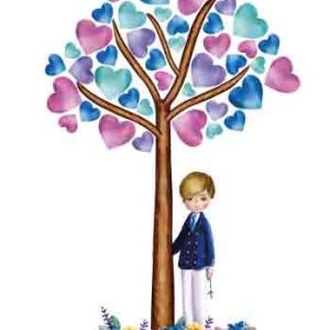 ETIQUETAS COMUNION NI?O CORAZONES 90 UNIDADES