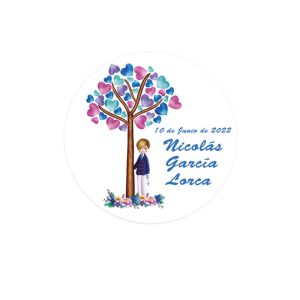 ETIQUETAS ADHESIVAS REDONDAS COMUNION NI?O ARBOL 96 UNIDADE