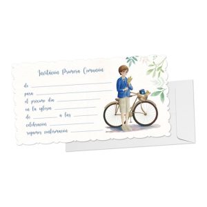BLISTER 10 INVITACION + SOBRE COMUNION NI?O BICICLETA