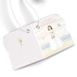 ETIQUETAS TROQUELADAS 3X4CM COMUNION NI?A PLAYA PERS 90U