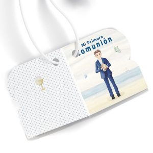 ETIQUETAS TROQUELADAS COMUNION NI?O PLAYA PERSON, 3X4CM 90U