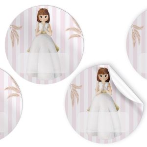ETIQUETAS ADHESIVAS REDONDAS 4CM COMUNION NI?A PASTEL 96U