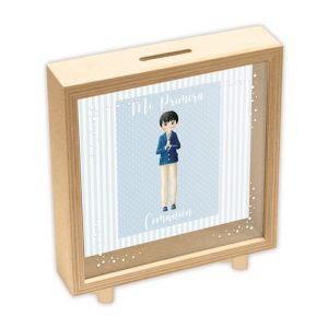 HUCHA MADERA COMUNION NI?O PERSONALIZABLE 15X15X5 CM