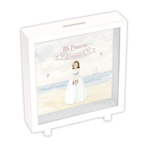 HUCHA BLANCA COMUNION NI?A PERSONALIZABLE 15X15X5 CM