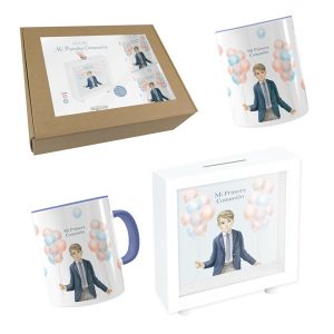 SET COMUNION NI?O GLOBOS (HUCHA-TAZA-CUBILETE)