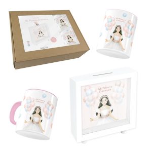 SET COMUNION NI?A GLOBOS (HUCHA-TAZA-CUBILETE)