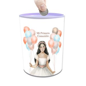 HUCHA METALICA COMUNION NI?A GLOBOS