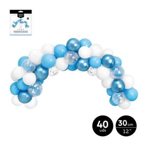 SET ARCO GLOBOS AZUL PLATA COLORES LATEX 40 UNIDADES 1,5 M