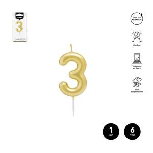 VELA CERA NUMERO 3 ORO 6 CM
