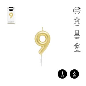 VELA CERA NUMERO 9 ORO 6 CM