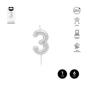 VELA CERA NUMERO 3 PLATA 6 CM