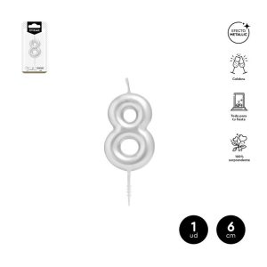 VELA CERA NUMERO 8 PLATA 6 CM