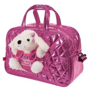 BOLSO ROSA CON PELUCHE PERRO BLANCO CON LAZO
