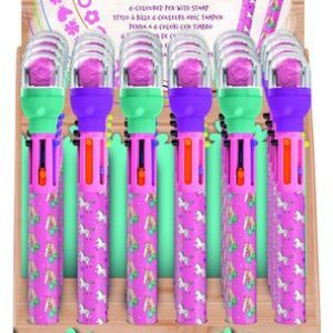 EXPOSITOR 24 BOLIGRAFOS 6 COLORES Y SELLO UNICORNIOS Y CABA