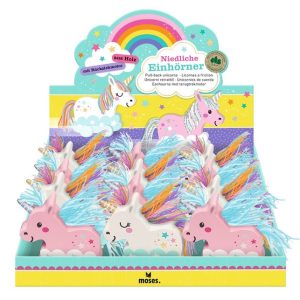 EXPOSITOR 12 UNICORNIOS DE MADERA ARRASTRE SURTIDOS