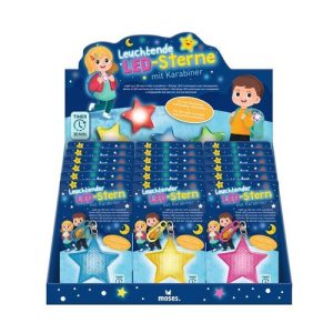 EXPOSITOR 18 LLAVEROS ESTRELLA LED CON MOSQUETON SURTIDAS