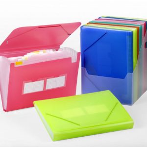 ARCHIVADOR ACORDEON PP TRASLUCIDO F13 DPTOS GOMA ROJO