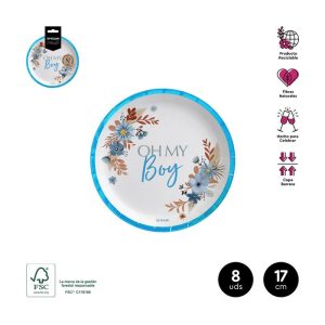 PLATOS LLANOS POSTRE BOY AZUL PASTEL ?17CM CARTON 8 UNI,
