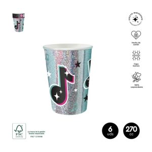 VASO CARTON PARTY MUSIC IRIDISCENTE 270CC BLISTER 6 UDS