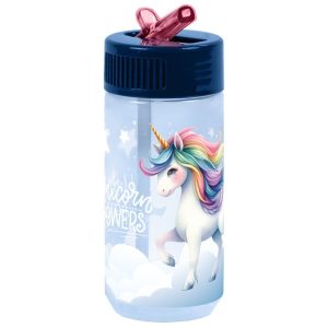 BOTELLA 400ML CON PAJITA TRANSPARENTE UNICORNIO ARCOIRIS