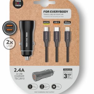 CARGADOR MECHERO NEGRO 2 X USB + CABLE TRIPLE NYLON