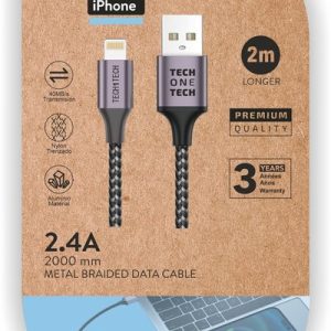 CABLE NYLON GRIS 2 METROS (USB-A A LIGHTNING/APPLE) 2,4A