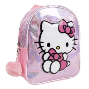 MOCHILA GUARDERIA IRIDISCENTE CON POMPON HELLO KITTY