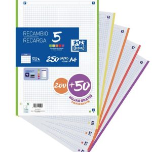 RECAMBIO A4 200+50H PAQUETE CUADRO 5MM 5 COLORES BANDA VIVO