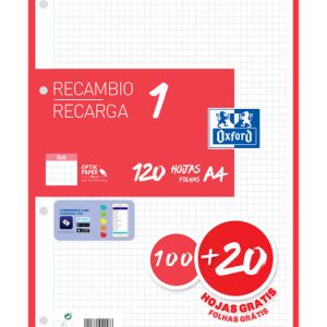 RECAMBIO A4 100+20 HOJAS 5X5 ROJO 90GRS