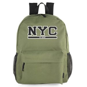 MOCHILA ESCOLAR CON BOLSILLO EXTERIOR + PORTATODO NYC KAKI