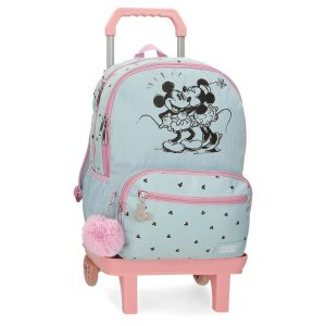 MOCHILA ESCOLAR DOBLE 44CM MICKEY Y MINNIE KISSES + CARRO